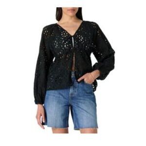 The Drop Eyelet Balloon Sleeve Tie Front Top, M, 4O-149T002